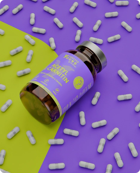 Produktfoto der Forever Young Acetyl-L-Carnitin Kapseln auf lila Hintergrund