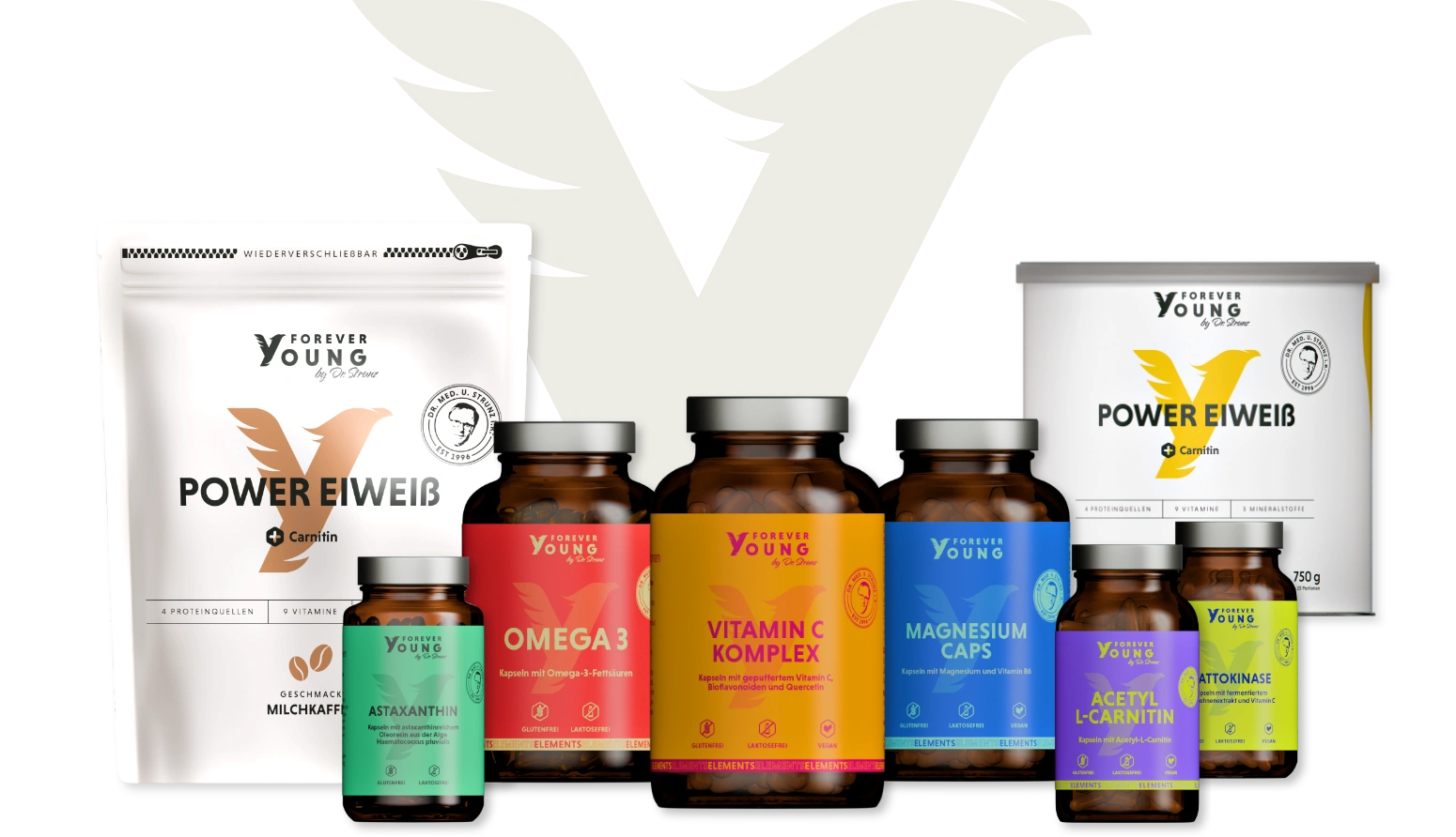 Aufstellung verschiedener Forever Young Produkte im neuen Design