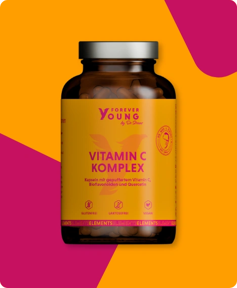 Abbildung der Forever Young Vitamin C Komplex Kapseln vor orangenem Hintergrund