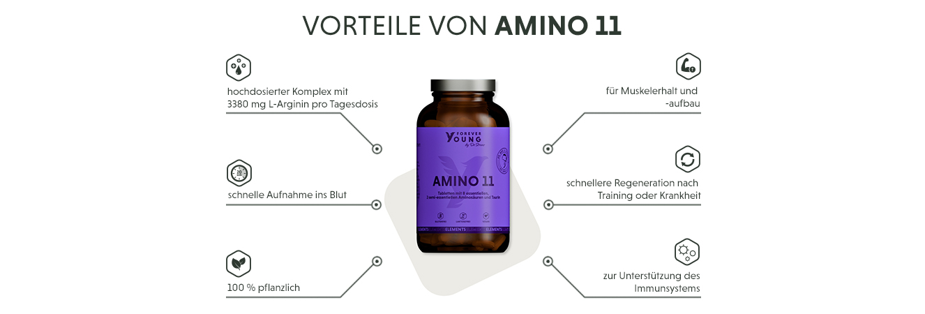 Infografik: Produktmerkmale des Aminosäuren Komplex mit 11 Aminosäuren in Tablettenform
