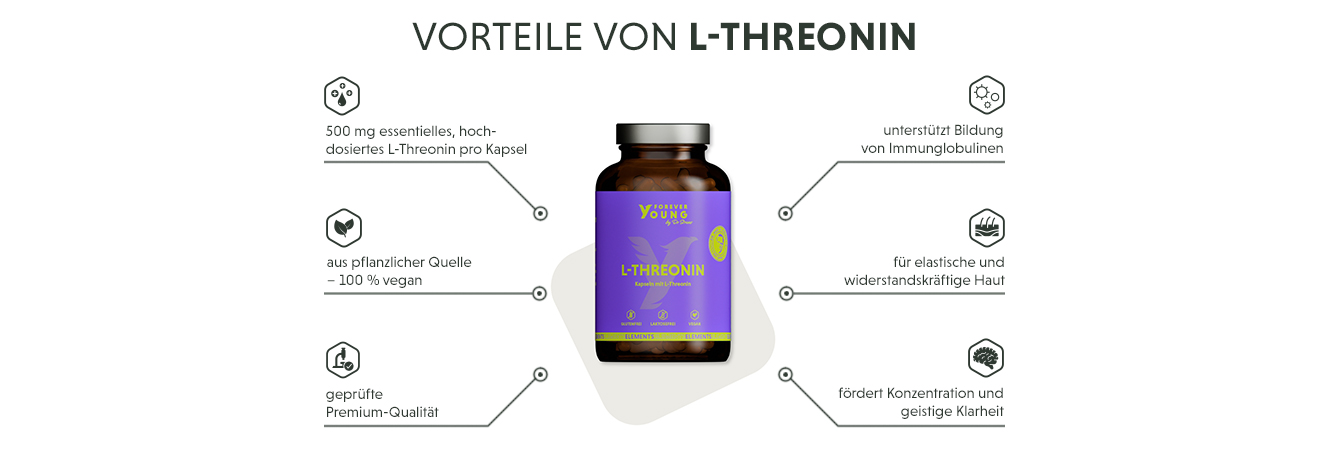 Infografik: Produktmerkmale der hochdosierten Threonin Kapseln - 500 mg & vegan