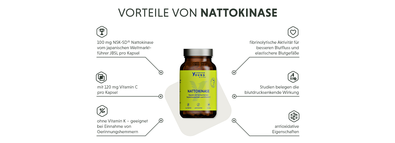 Infografik: Produktmerkmale der Nattokinase 100mg Kapseln im Überblick