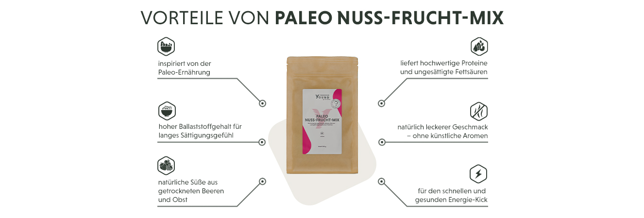 Infografik: Produktmerkmale des Paleo Nuss Frucht Mix mit natürlichen Zutaten