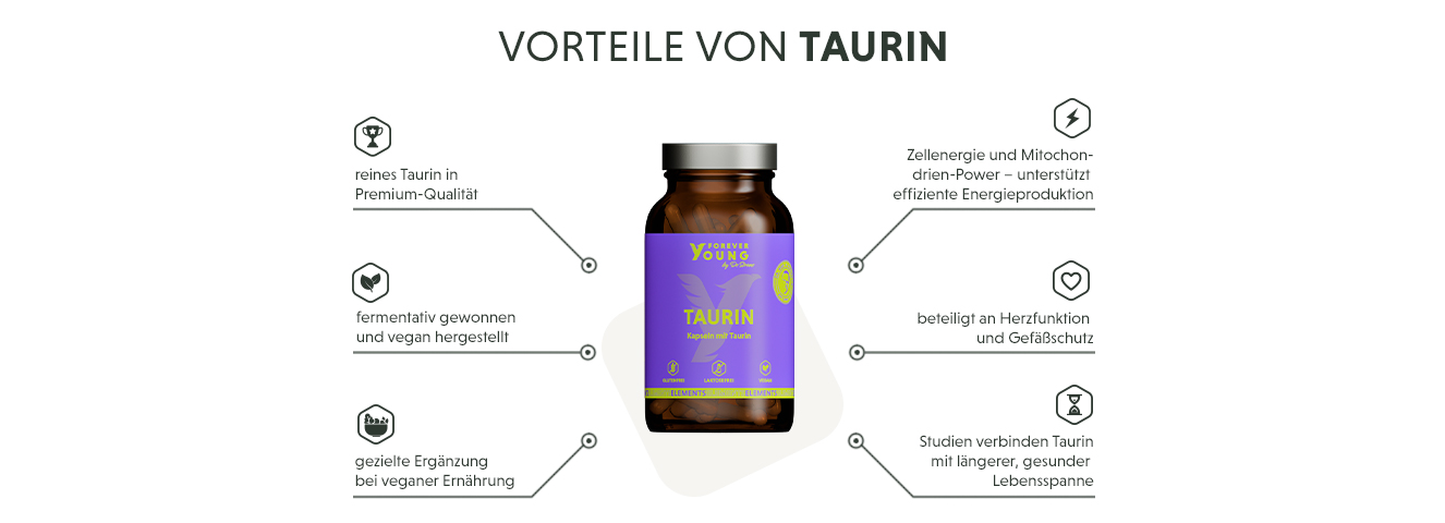 Infografik: Produktmerkmale der veganen Taurin Kapseln mit 1000 mg - aus Fermentation