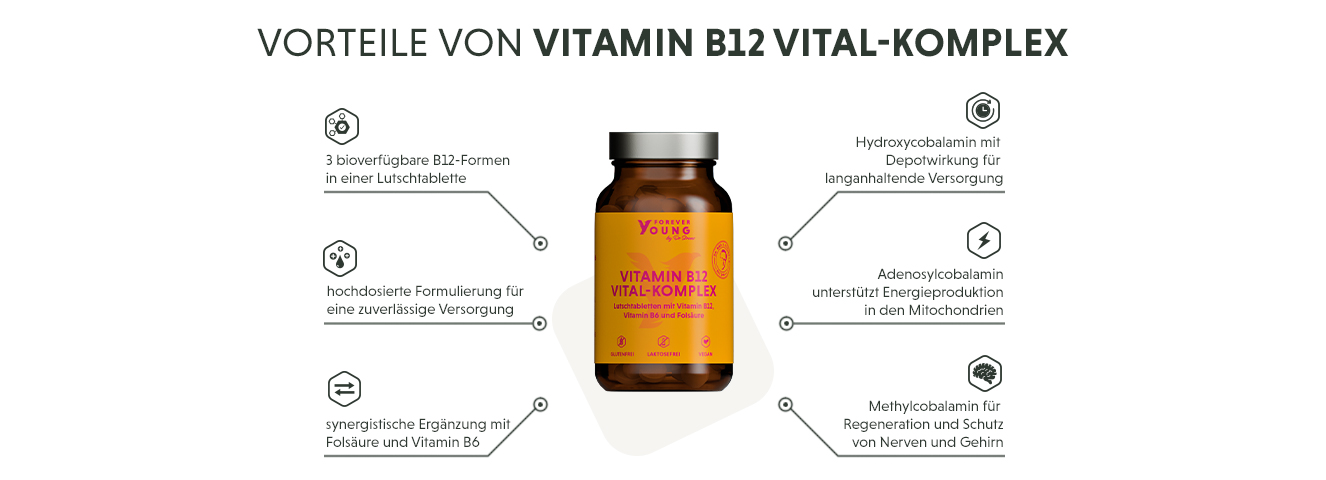 Infografik: Produktmerkmale des Vitamin B12 Komplex als Lutschtabletten