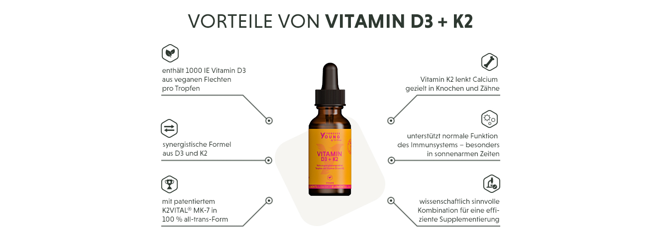 Infografik: Produktmerkmale der veganen Vitamin D3 + K2 Tropfen mit 1.000 IE