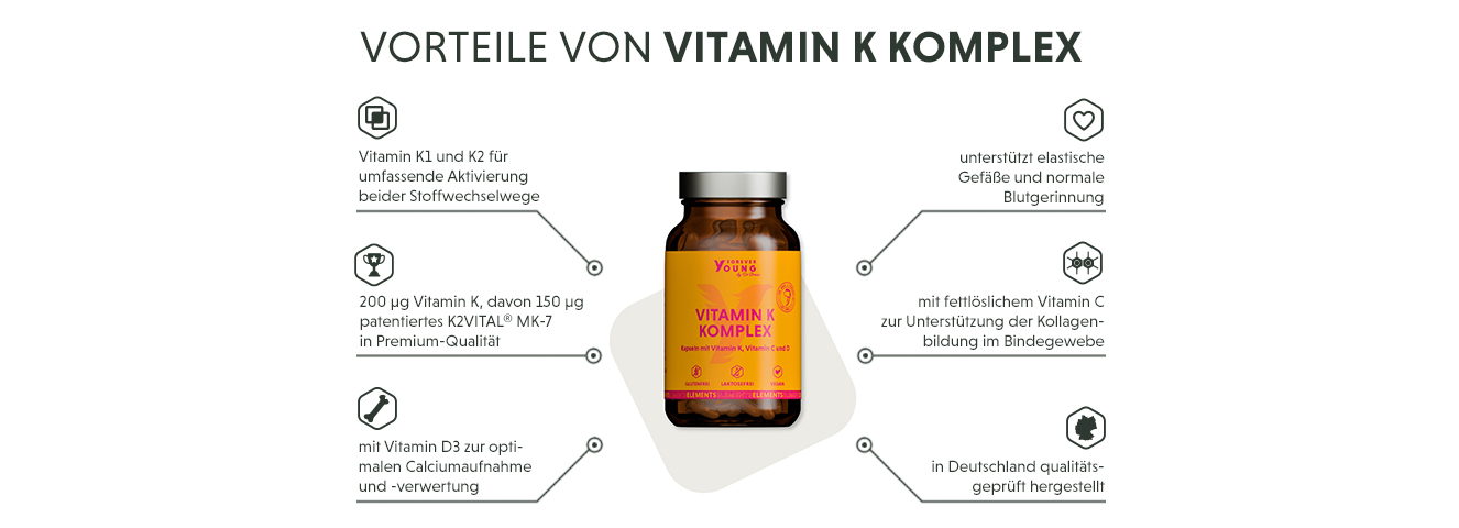 Infografik: Produktmerkmale von Vitamin K1 + K2 Komplex Kapseln im Überblick