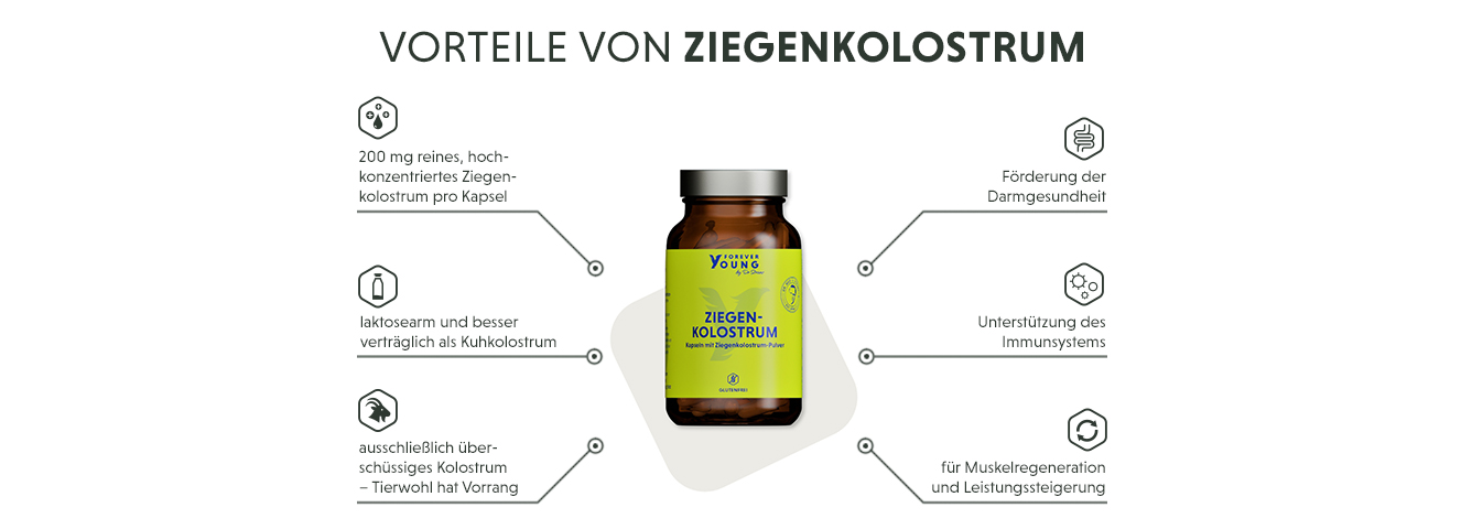 Infografik: Produktmerkmale der Ziegenkolostrum Kapseln im Überblick