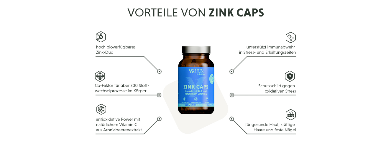 Infografik: Produktmerkmale der hochdosierten Zink Kapseln mit Vitamin C